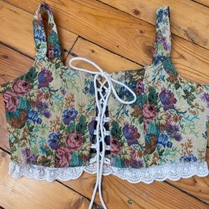 Floral Lace-Trim Corset Crop Top - Beige Multi